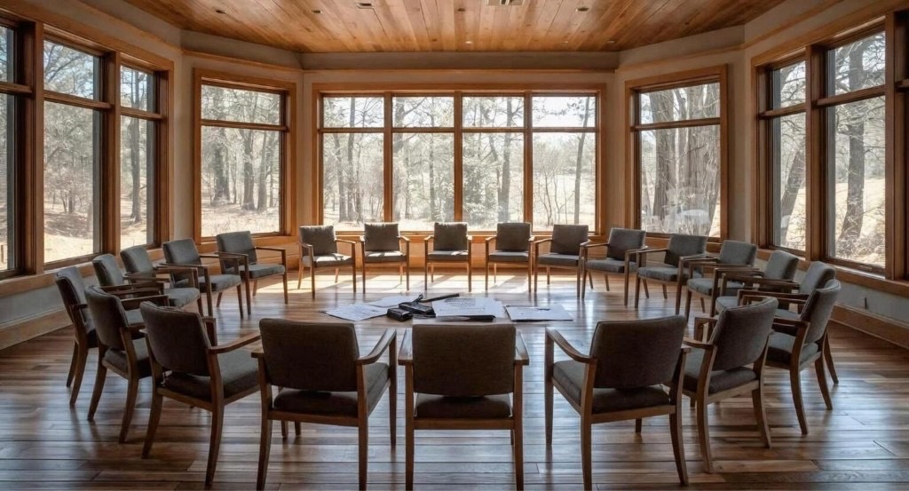 The Lab meeting room — chairs arranged in a circle, forest visible through the windows